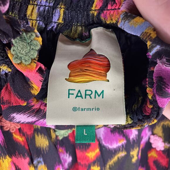 FARM RIO Black Ikat Dyed Leopard Mini Dress Flower Embellished Smocked Large - Picture 3 of 5